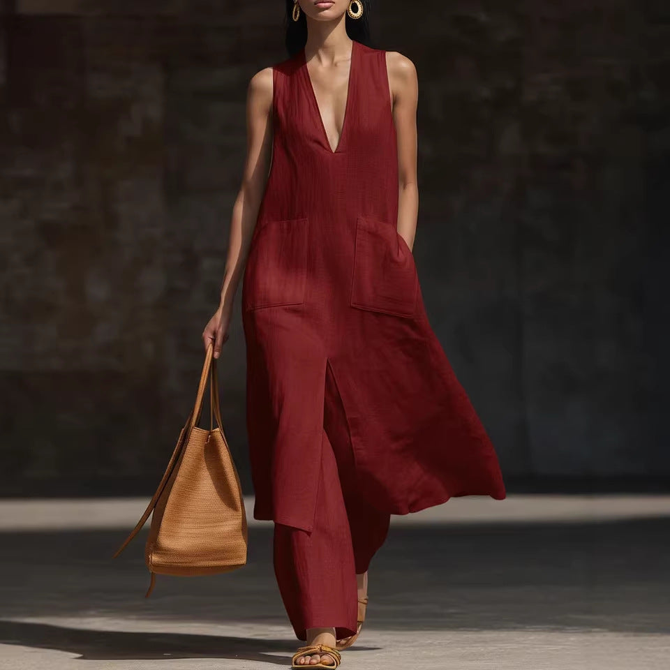 Casual New Style V-Neck Sleeveless Dress Set 