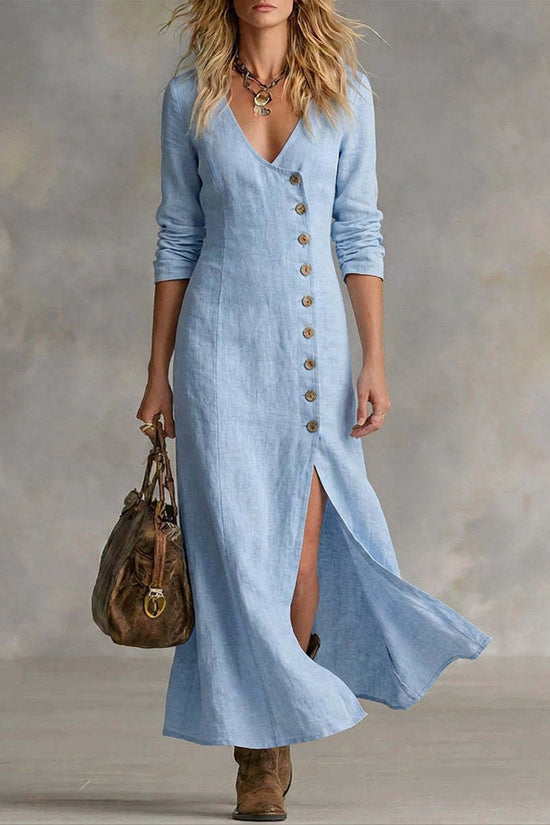 Fashionable Casual Cotton-Linen Long-Sleeve Womens Dress 