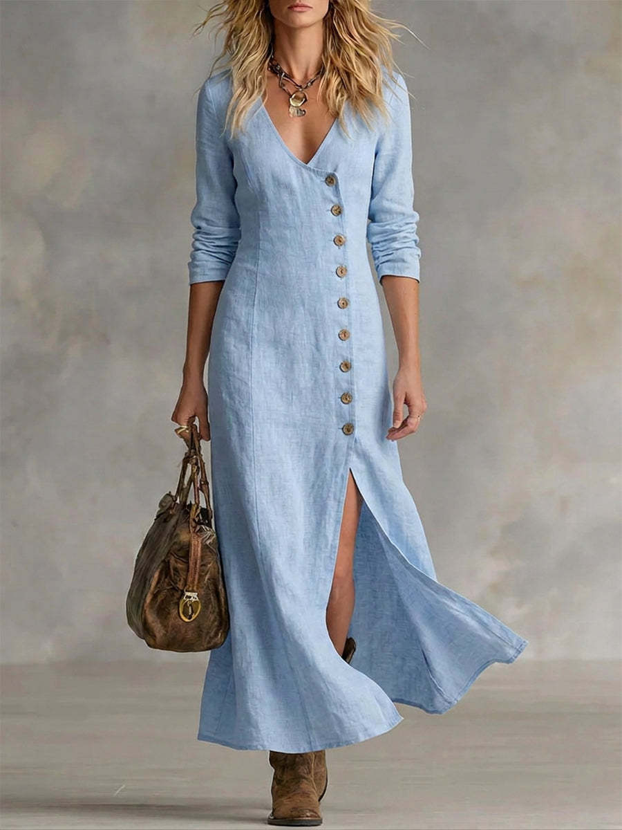 Fashionable Casual Cotton-Linen Long-Sleeve Womens Dress 