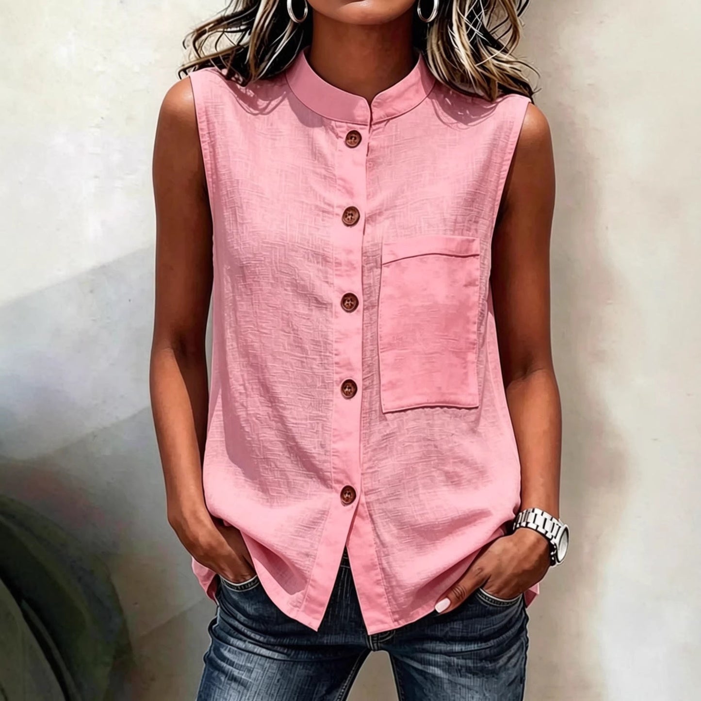Fashionable Casual Solid-color Top With Buttoned Pockets 