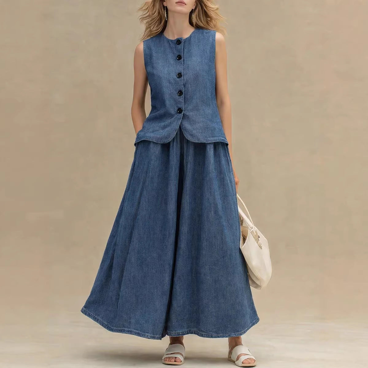 Womens Crew-Neck Denim Top And High-Waist A-Line Skirt Denim Set 