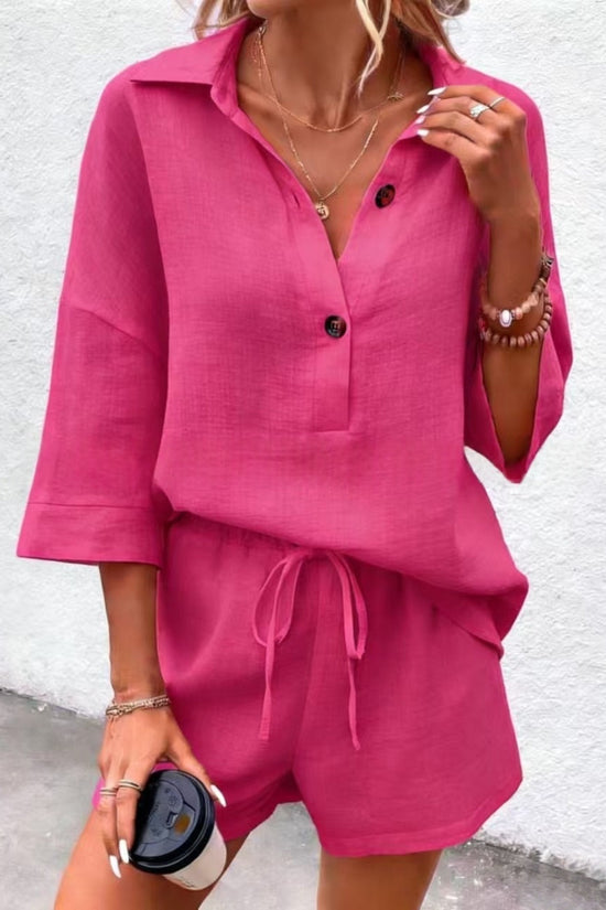 Notch-lapel Short-sleeve Belted Shorts Casual Set 