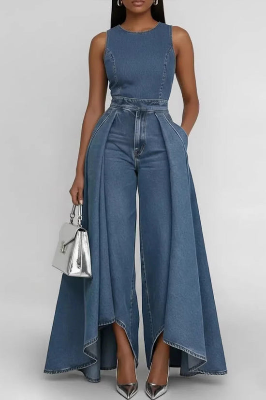Crew-neck Sleeveless Casual Loose-fit Wide-leg Denim Jumpsuit 