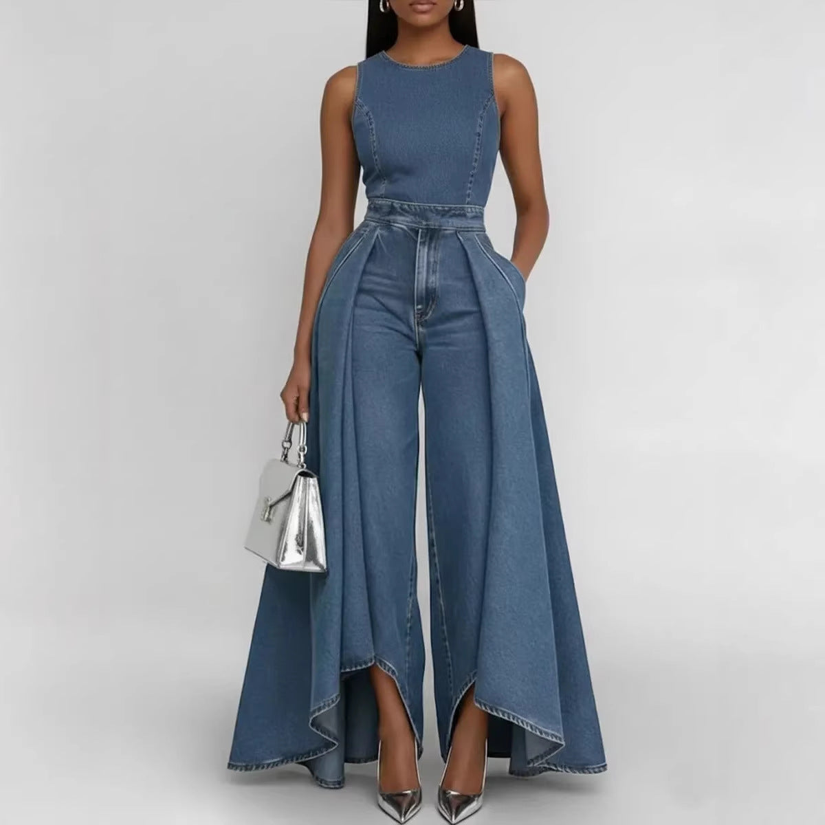 Crew-neck Sleeveless Casual Loose-fit Wide-leg Denim Jumpsuit 