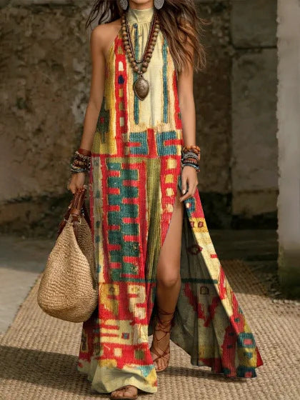 Loose-fit Printed Halterneck Split Dress 