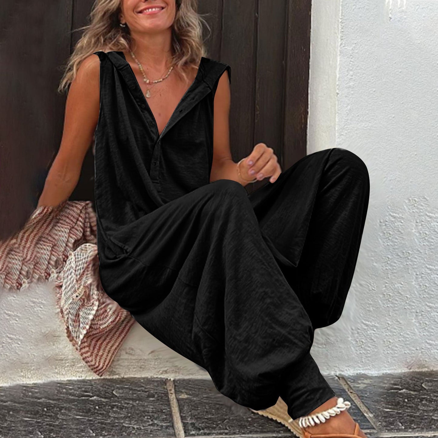 Buttoned Hooded Sleeveless Pants For Women 