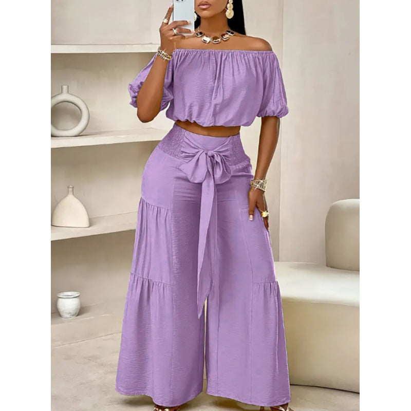 High-waisted Solid-color Flared Pants With Tie Detailing And A Flowing Drape 