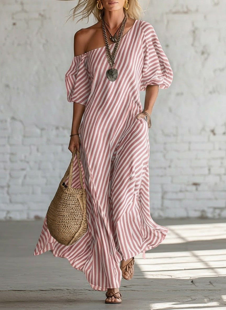 Spring Elegant Striped Off-Shoulder Dress 