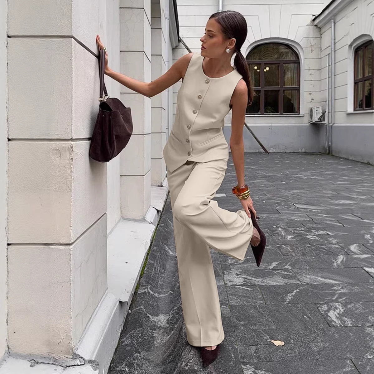 Elegant Commuter Vest And Wide-Leg Pants Two-Piece Set 