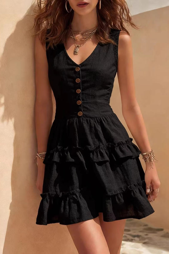 Sleeveless Linen Fashionable Casual Button-Up Dress 