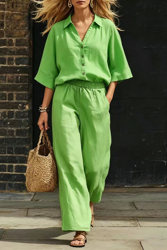Womens Short-Sleeve Shirt And Loose Pants Two-Piece Set 