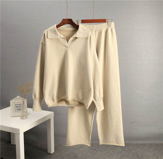 European And American-style Solid-color Lapel Sweater Set For Women, FallWinter 
