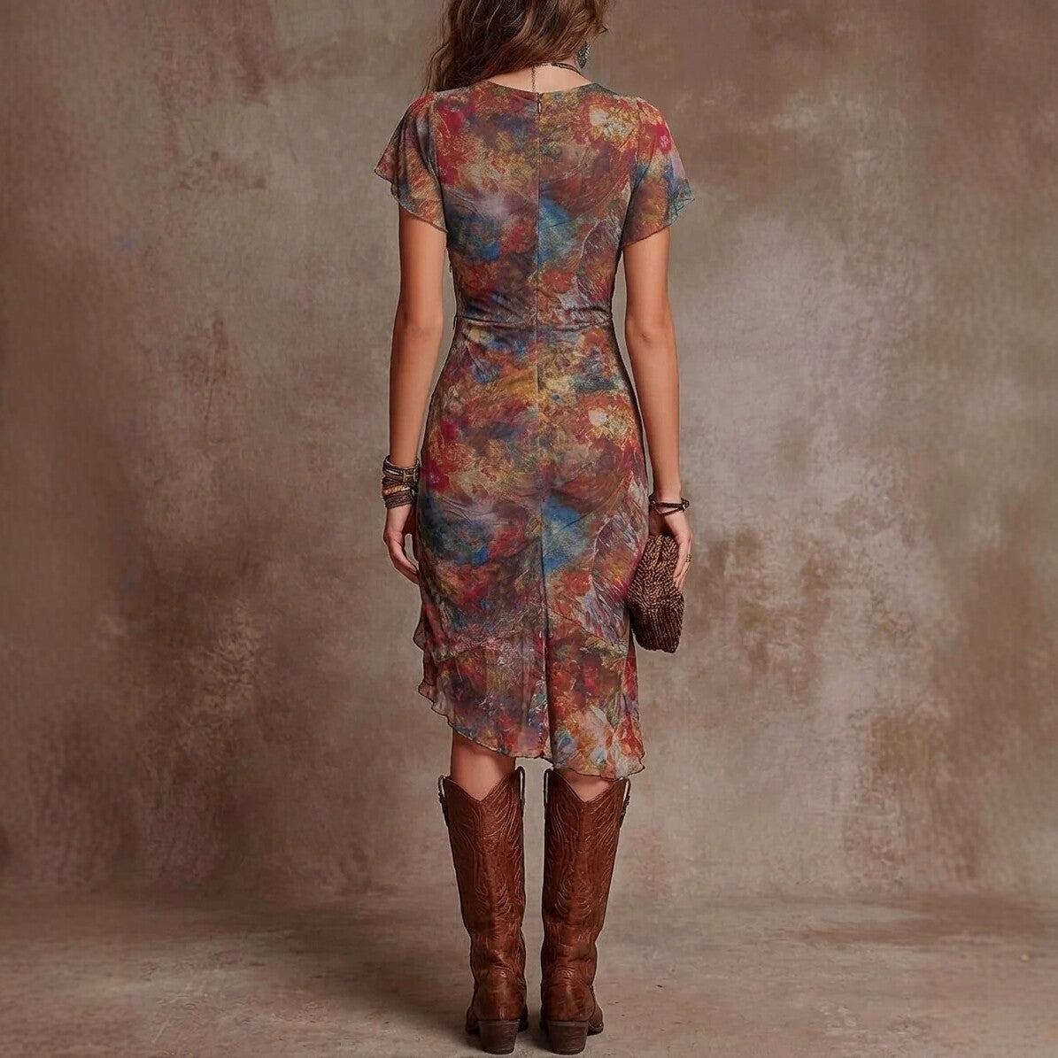 Womens Slim-fit Printed V-neck Defined-waist Dress 