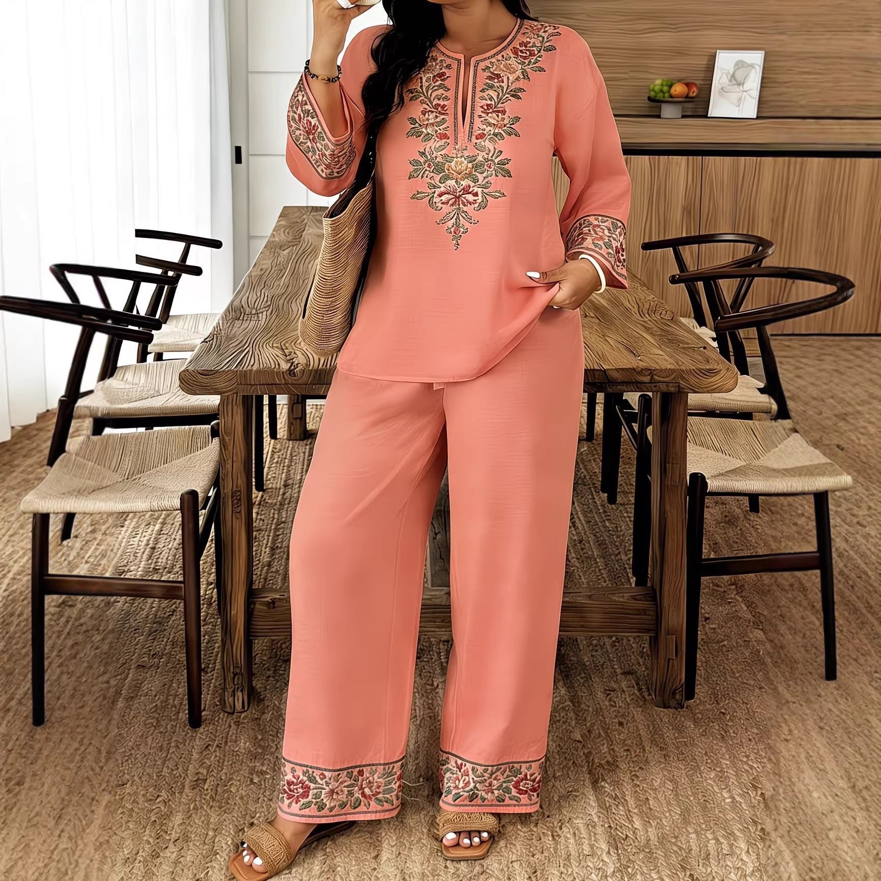 Long-sleeve Lace Floral Long-sleeve Ethnic-style Middle Eastern Set 