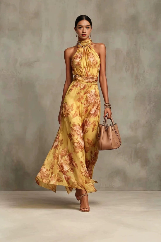 Neck-hanging Printed Chiffon Maxi Dress 