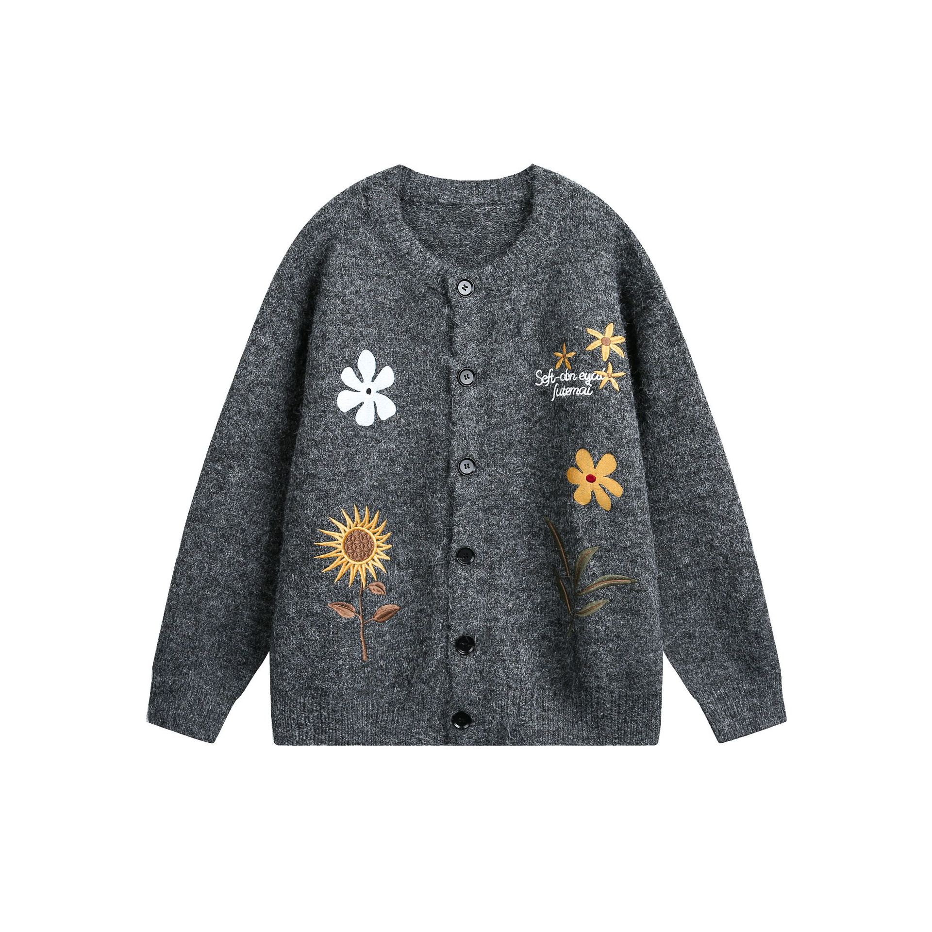 Retro Preppy Style Floral Embroidery Cardigan Sweater 