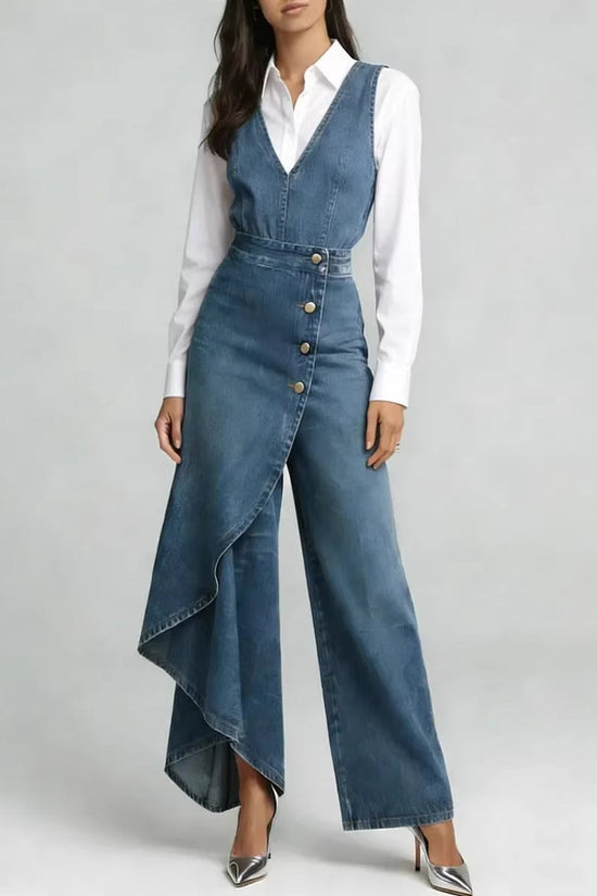 Western-style V-neck Asymmetrical Denim Jumpsuit 
