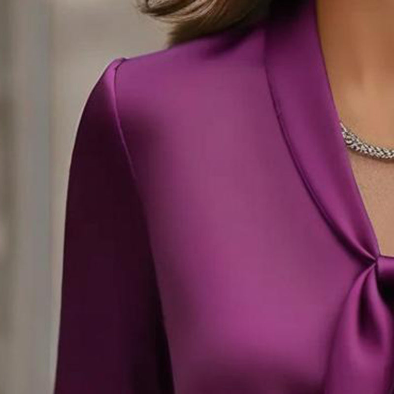 Women's Elegant Satin Blouse, Long Sleeve Button Down Shirt With Ribbon Detail For Office Work CJ US