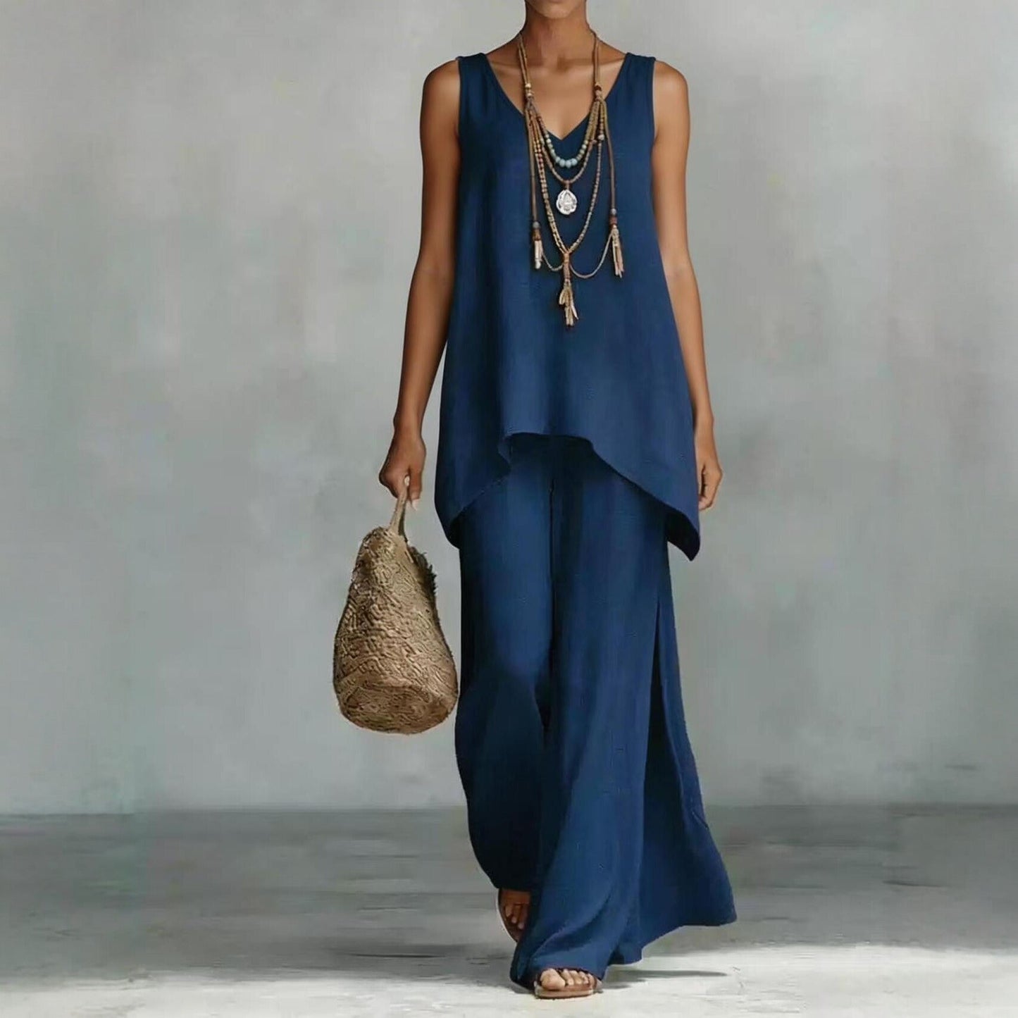 New Casual Bohemian-style Wide-leg Pants And V-neck Vest Set 
