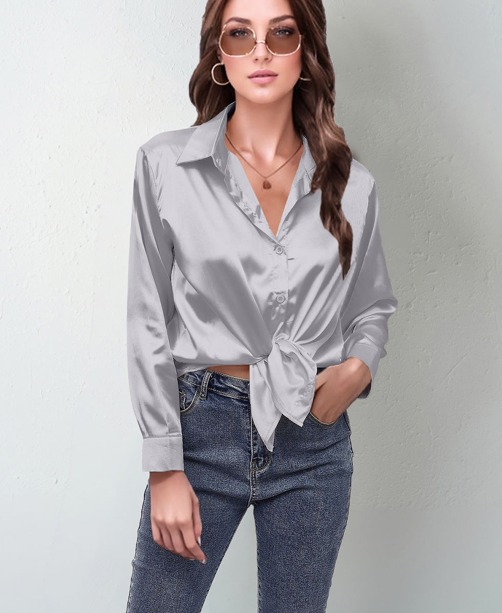 Women’s Satin Lapel Button-Down Blouse 