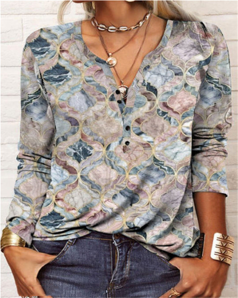 Women's Casual Ethnic Style V-neck Long-sleeved T-shirt 