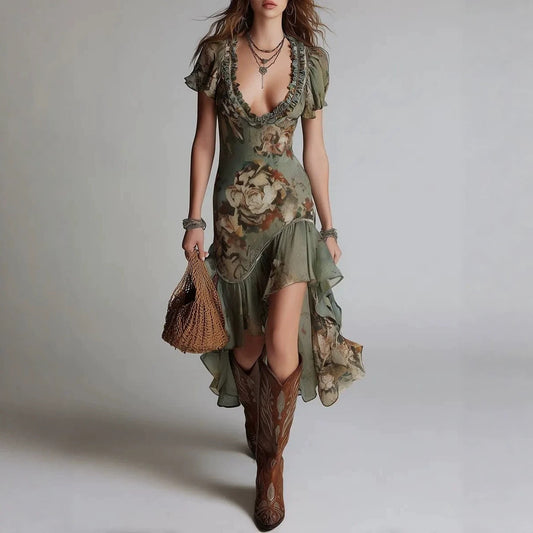 Vintage Oil Painting Print Irregular Hem Ruffle Sleeveless Fitted Western Style Long Dress 