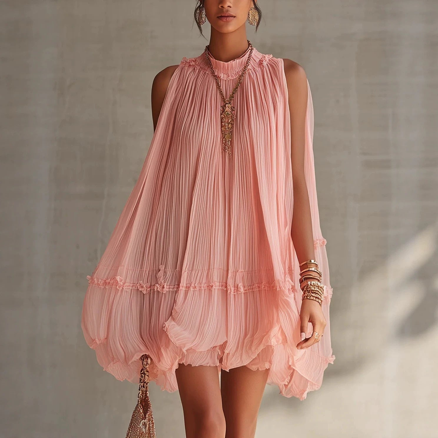 Sleeveless Pleated Mini Dress for Women, Loose A-Line Skirt with Ruffled Hem, Gathered Pleats, Casual Vacation Style, Flared Silhouette, Sweet Baby Doll Dress 