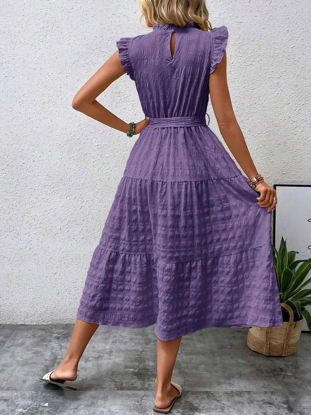 Tied Ruffled Cap Sleeve Midi Dress 