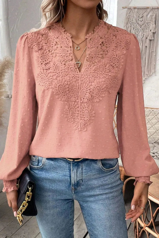 Swiss Dot Lace Detail Notched Long Sleeve Blouse 