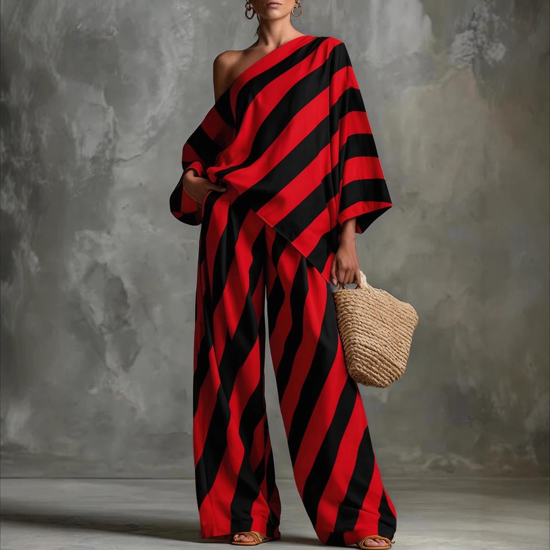 Retro Striped Printed Chiffon Top And Wide-leg Pants Set 