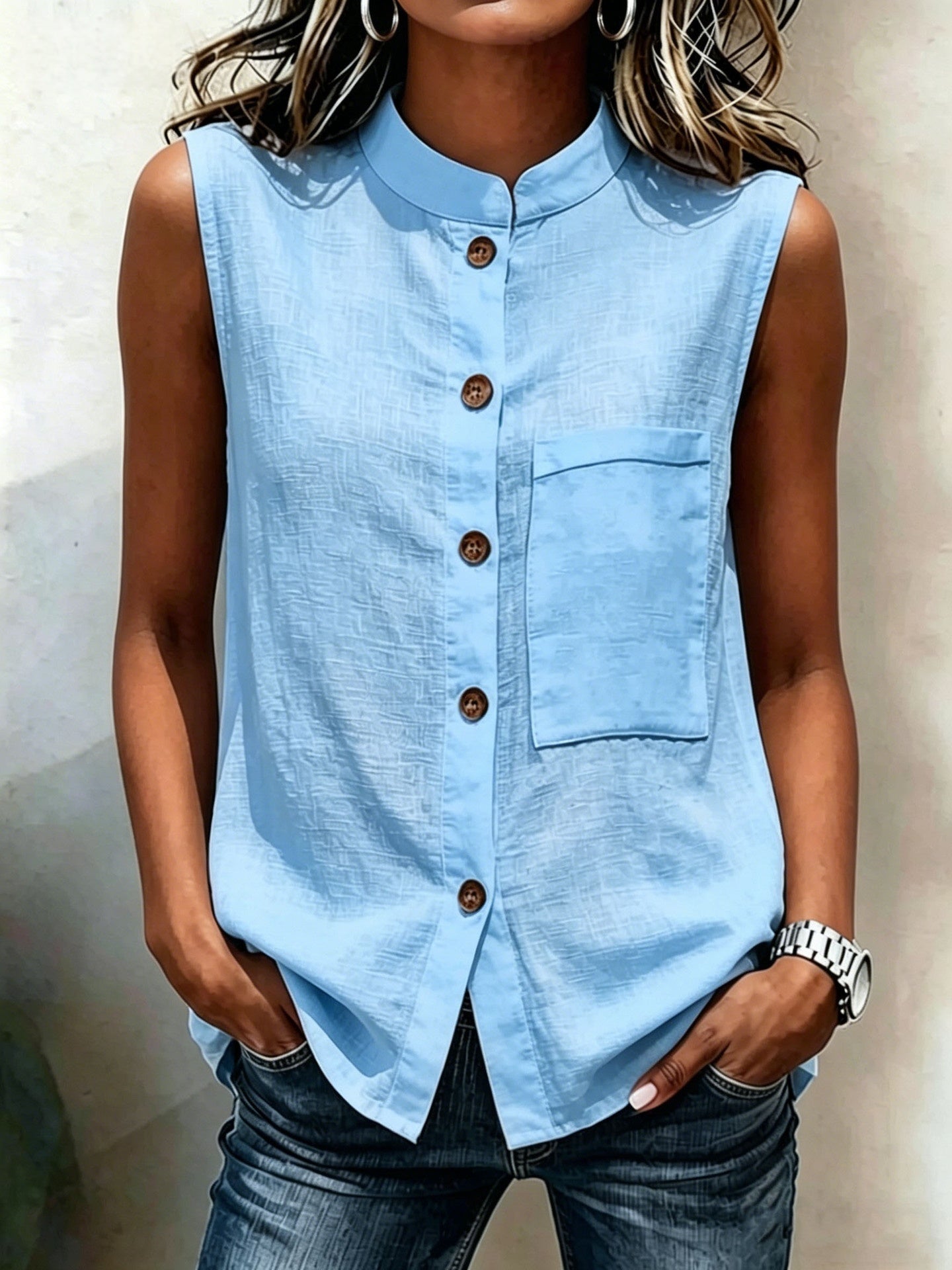 Fashionable Casual Solid-color Top With Buttoned Pockets 
