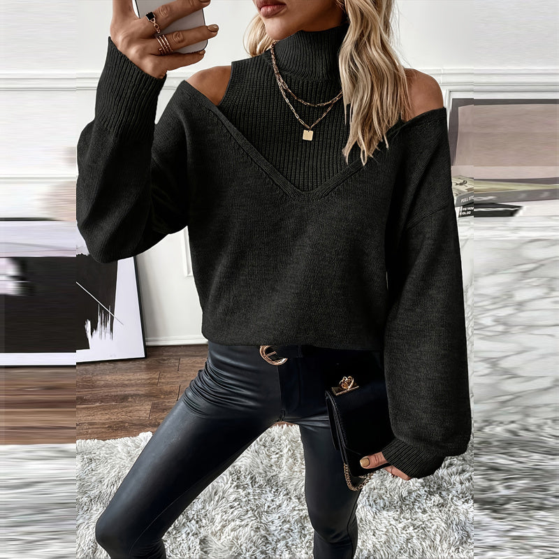Women’s Elegant Off-Shoulder Turtleneck Sweater — Long Sleeve Knit Top CJ US