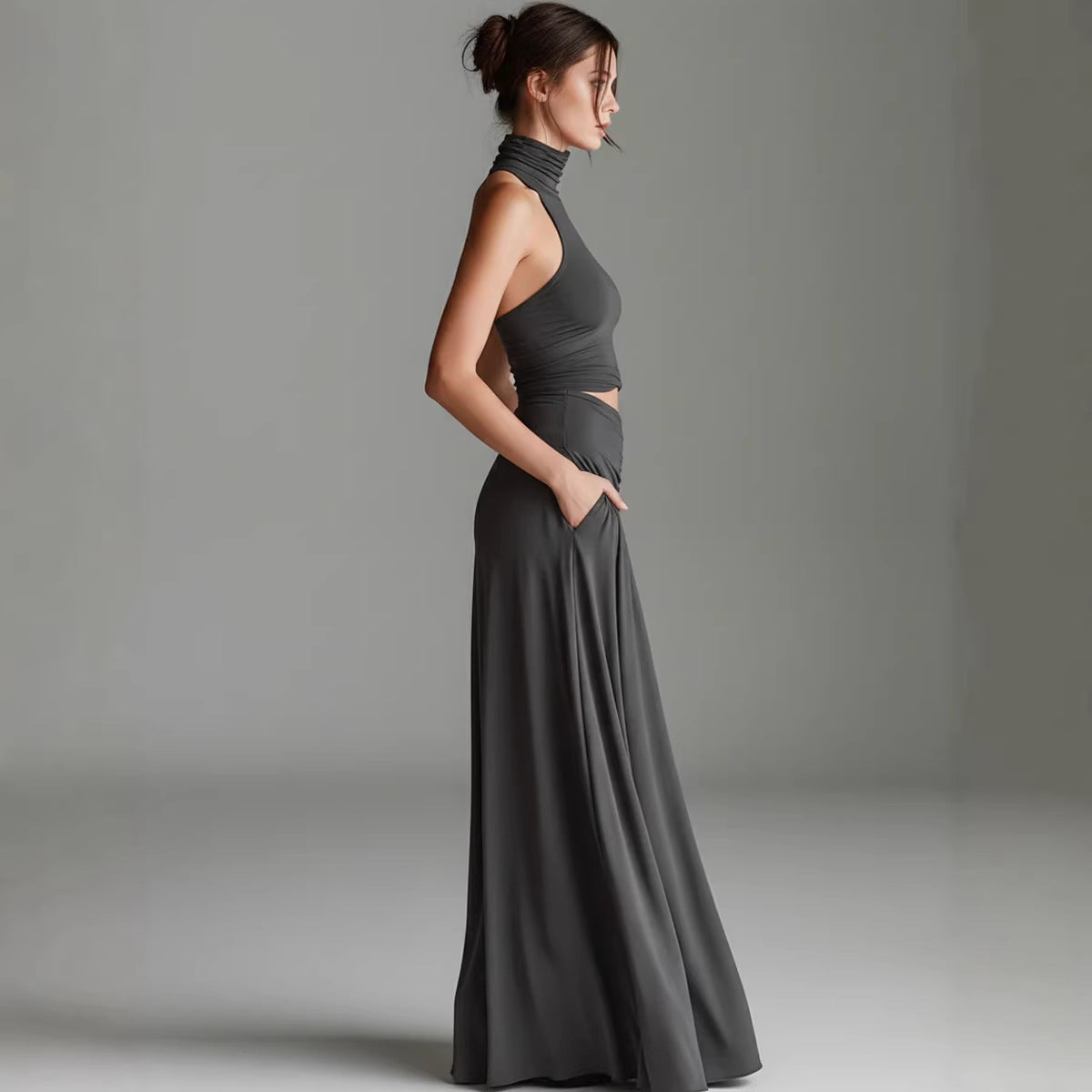 Style Sleeveless High Neck Top with Elegant Long Dress Two-Piece Set