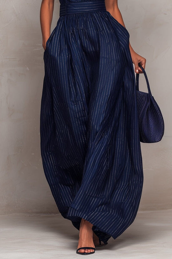 Deep blue striped sleeveless waist cinched wide leg jumpsuit 