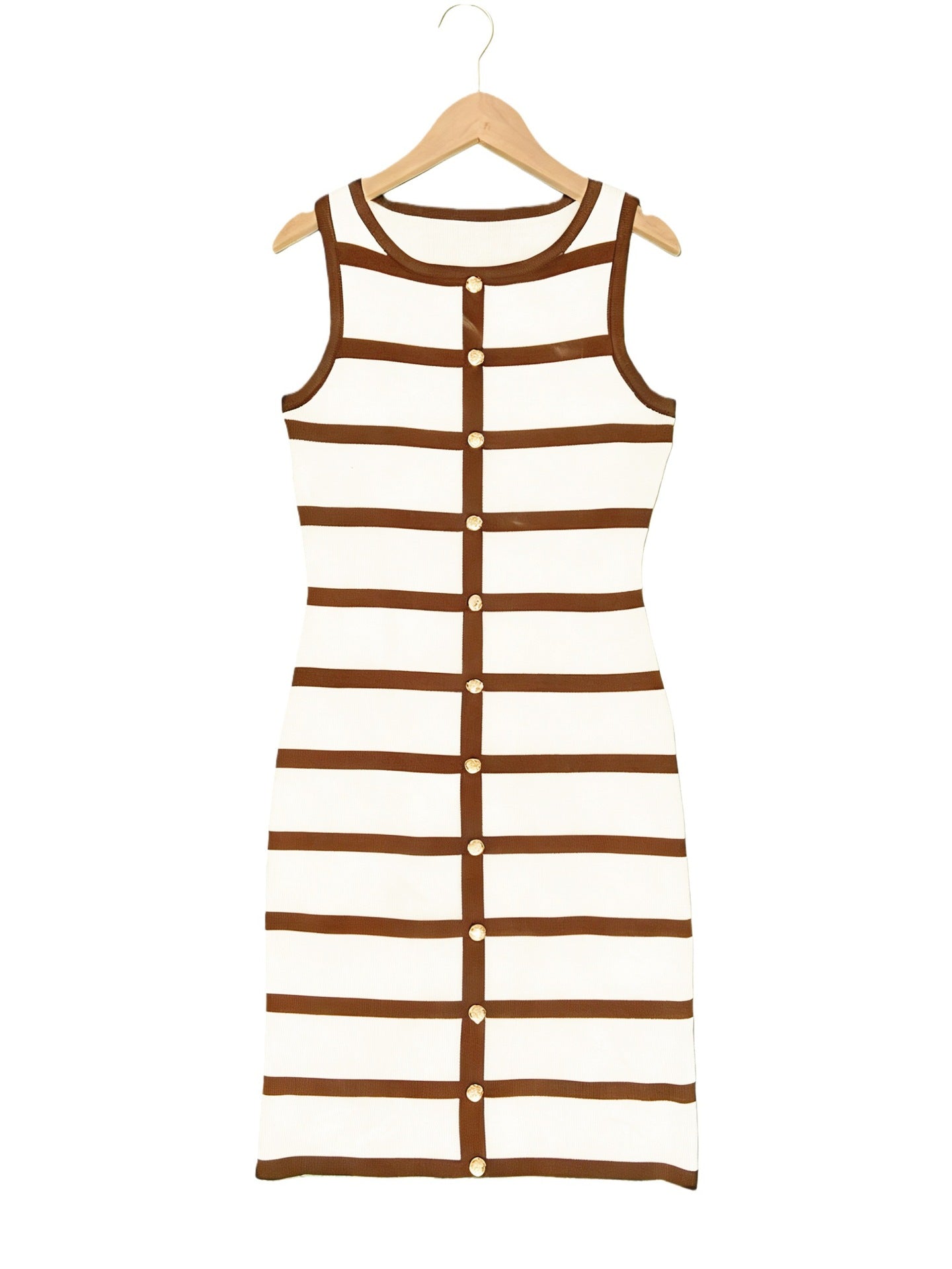 Contrast-color Striped Sleeveless Crew-neck Single-breasted Dress 