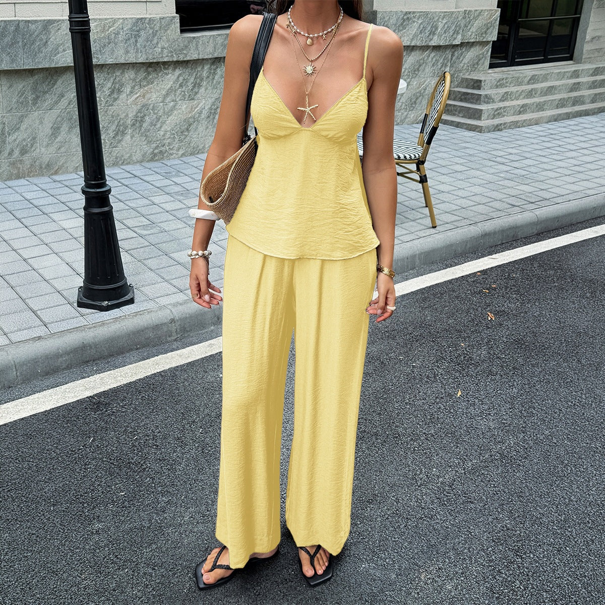 SpringSummer Resort-Style Camisole T-shirt And Pants Womens Outfit Set 