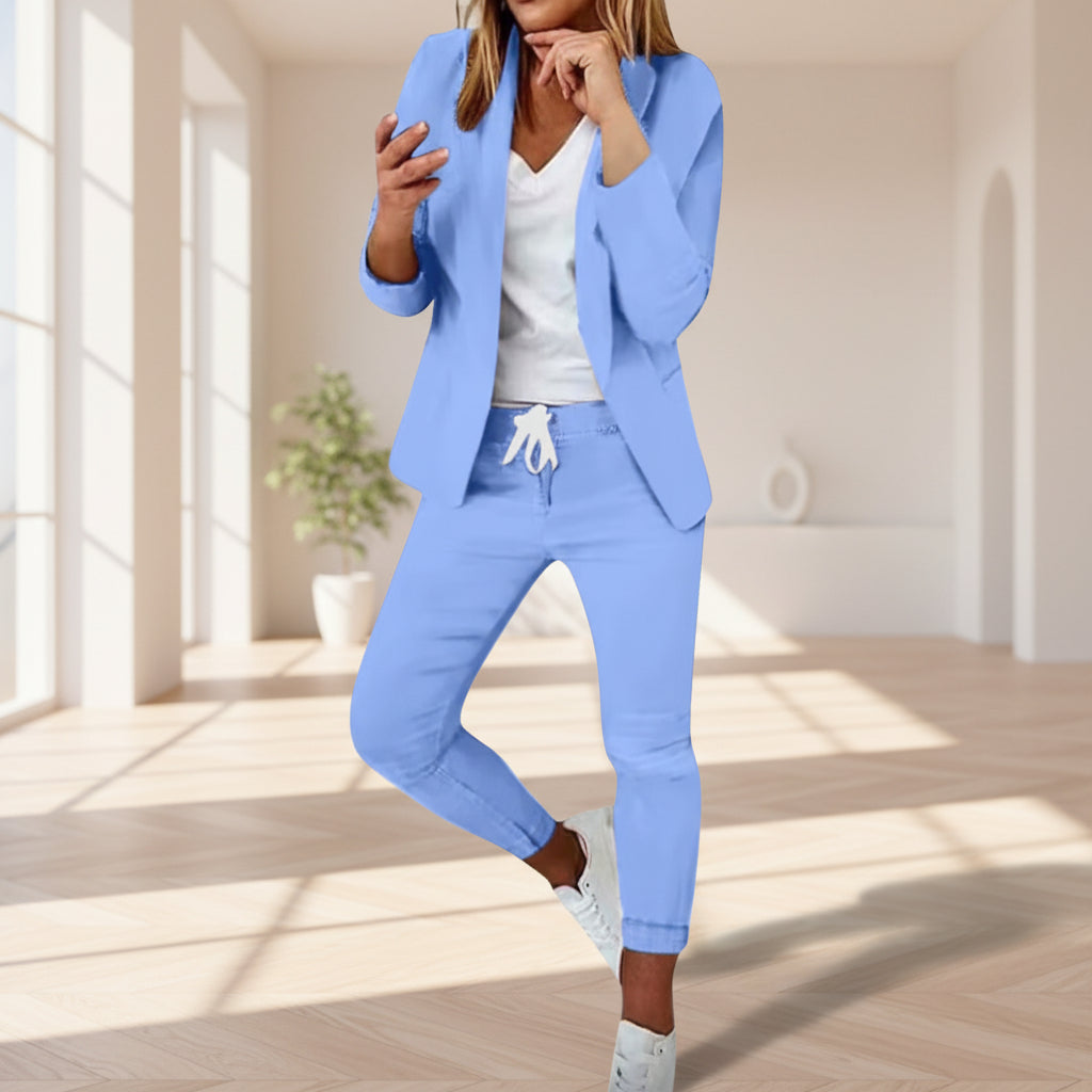 Women’s Notch-Lapel Blazer & Drawstring Pants Suit Set 
