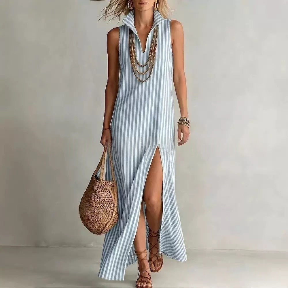 Seasonal New Womens Striped Stand Collar Side-Slit Camisole Dress 