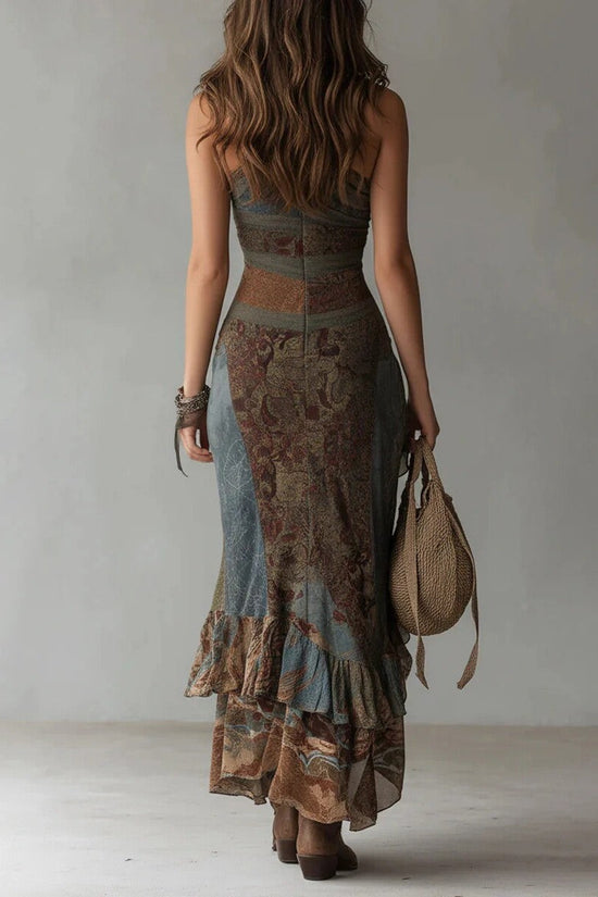 Retro Patchwork Printed Asymmetric Long Dress Slim Fit High Slit Dress 