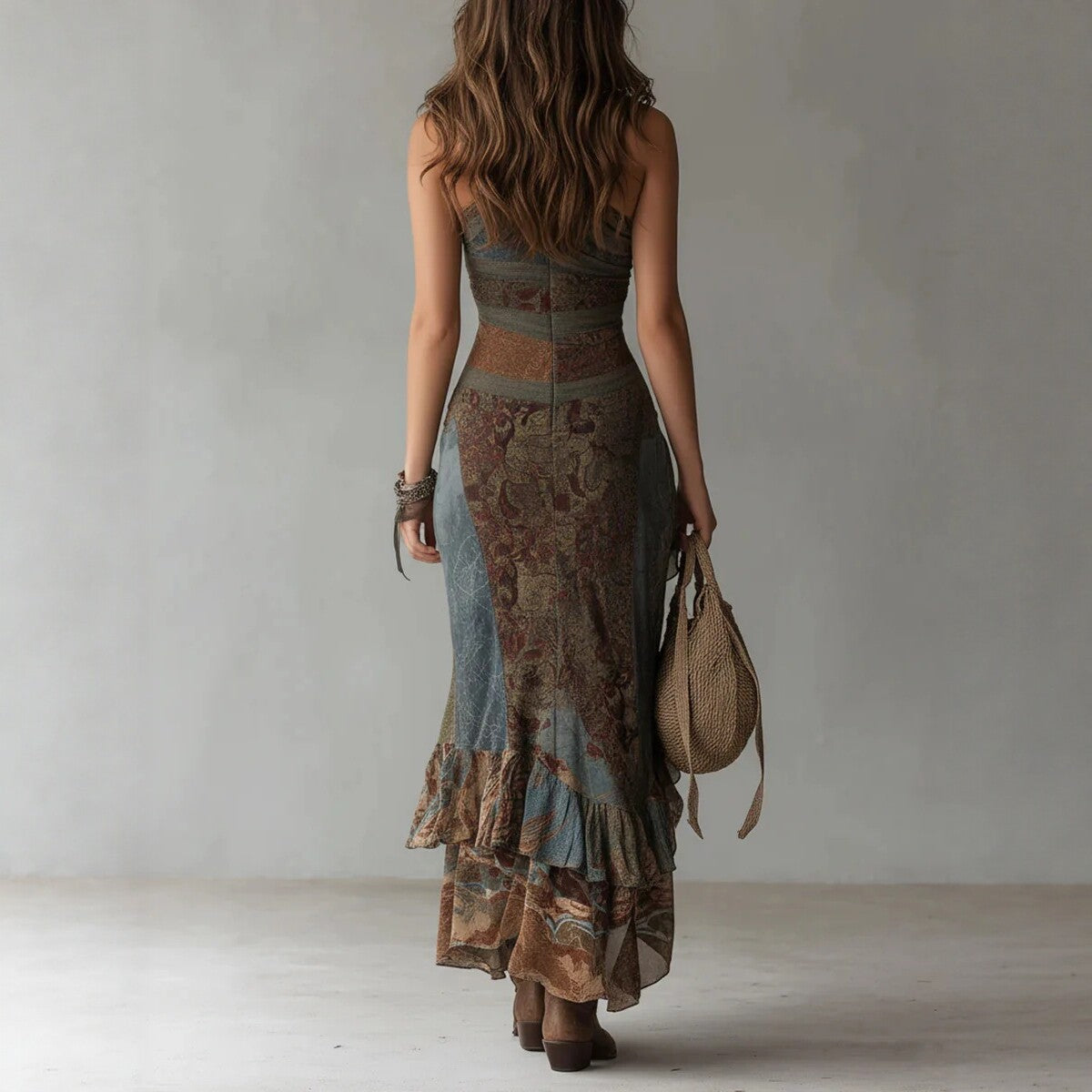 Retro Patchwork Printed Asymmetric Long Dress Slim Fit High Slit Dress 