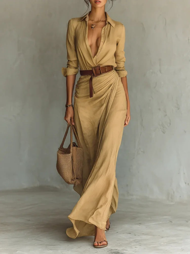 Autumn Elegant Solid Color Irregular Ruffled Dress With Belt, Sexy Slim Waist Long Dress 