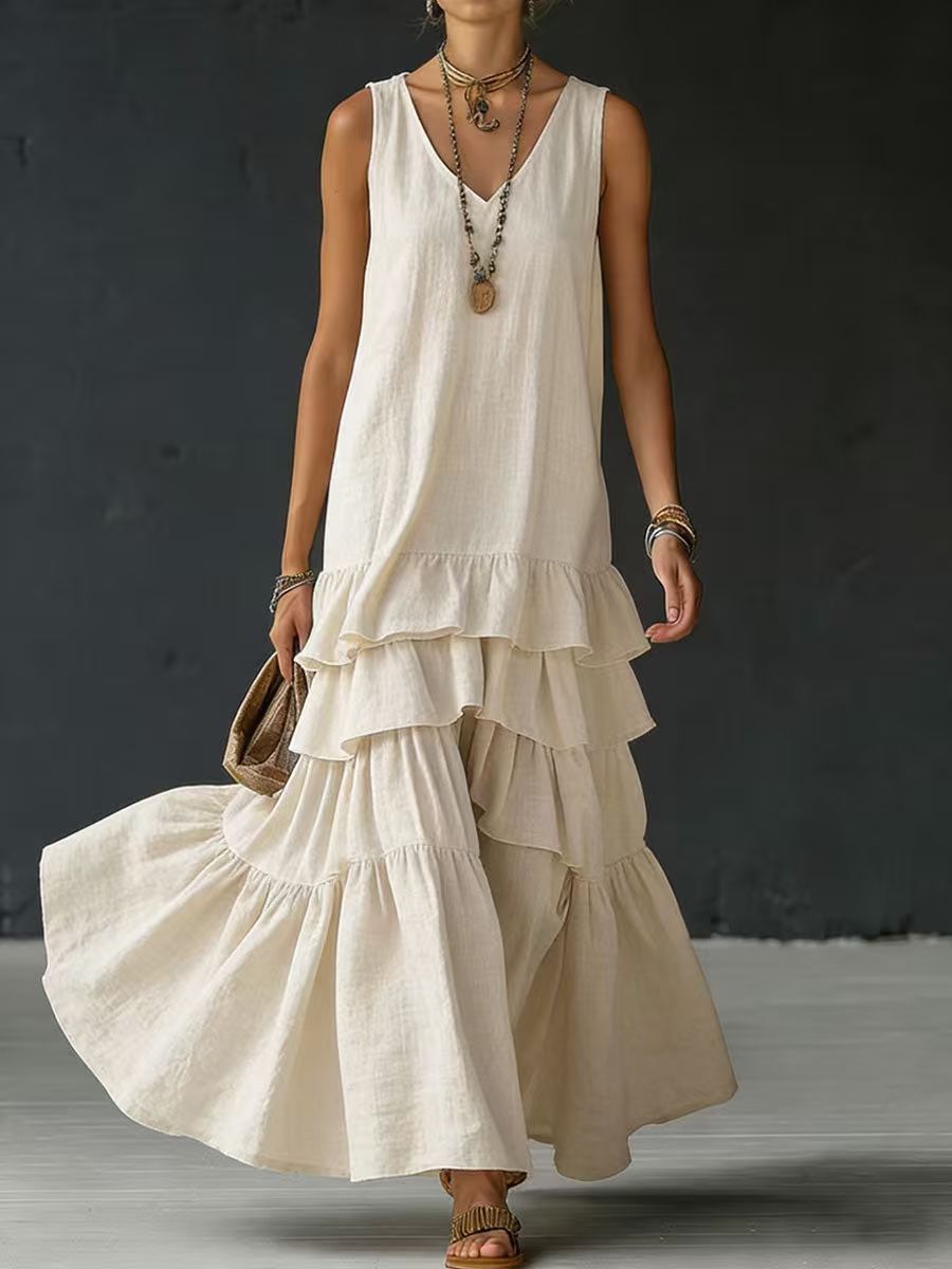 Solid-color Womens Loose-fitting Full-skirted Sleeveless Dress 