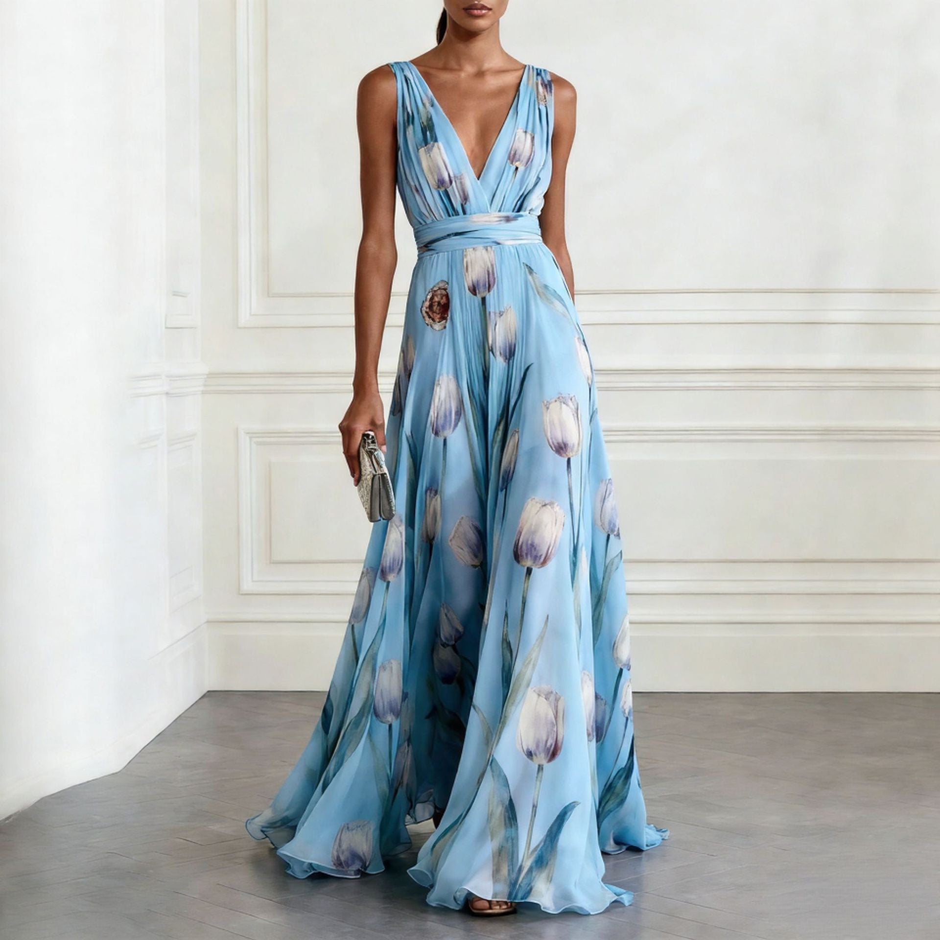 Tulip Print Evening Dress for Women Sleeveless V-Neck Long Dress 