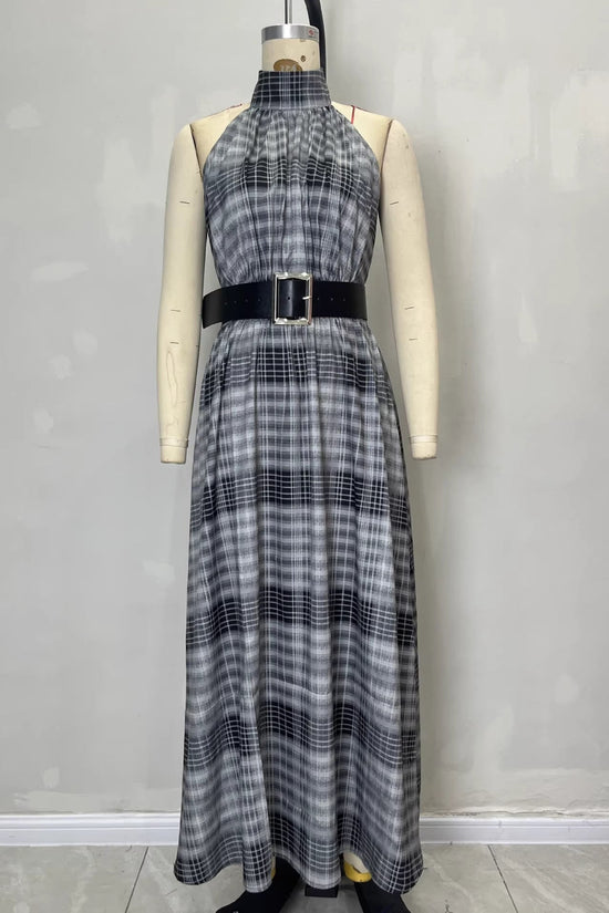 Sleeveless plaid high waisted lace up A-line long skirt 