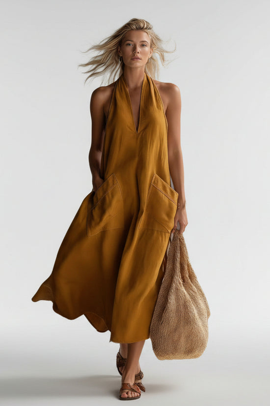 Casual Retro V-Neck Slip Linen Dress 