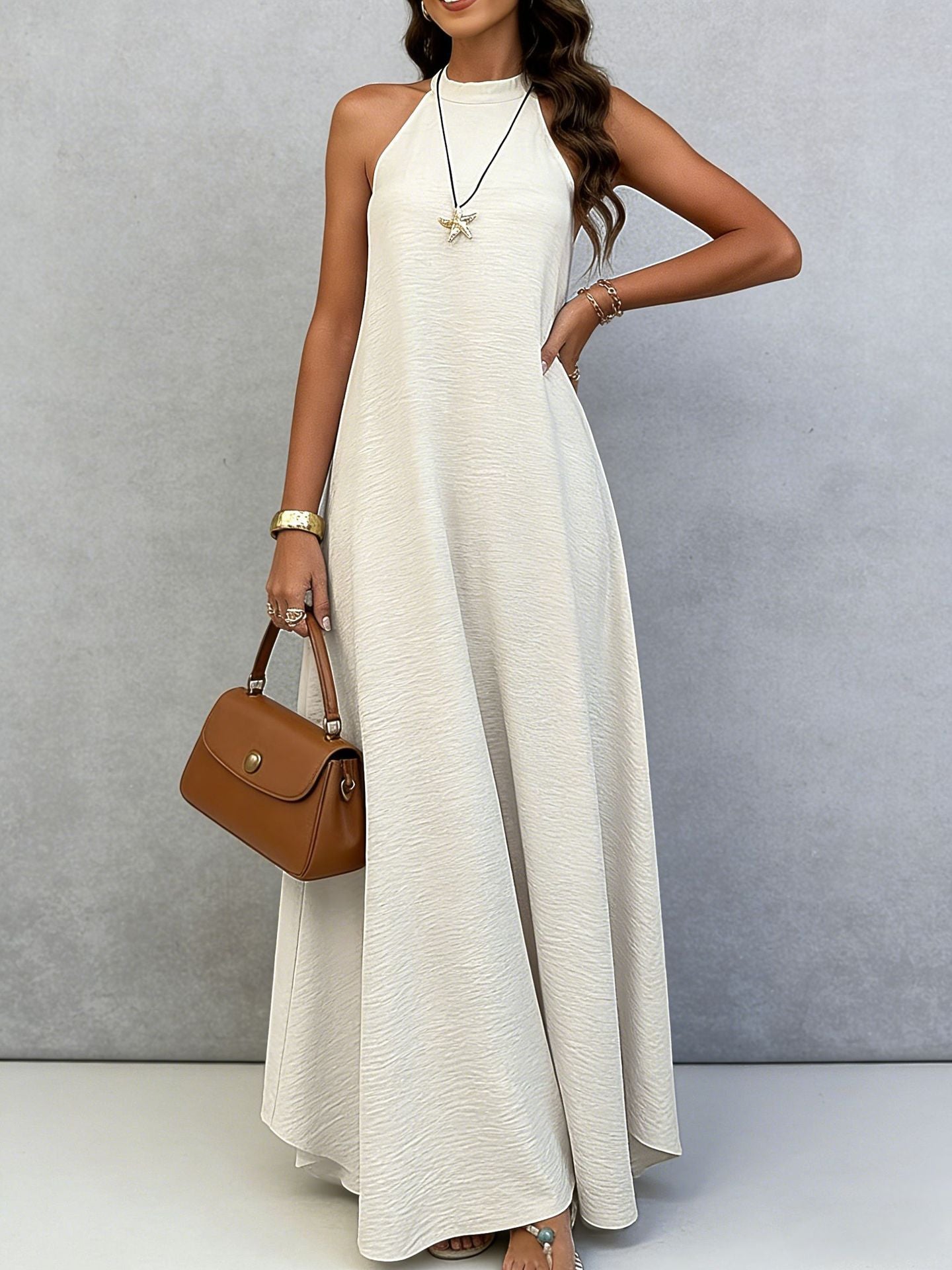 Women Summer Ice Silk Wrinkle Loose Plus Size Sleeveless Solid Color Swing Long Maxi Dress Vacation Style 