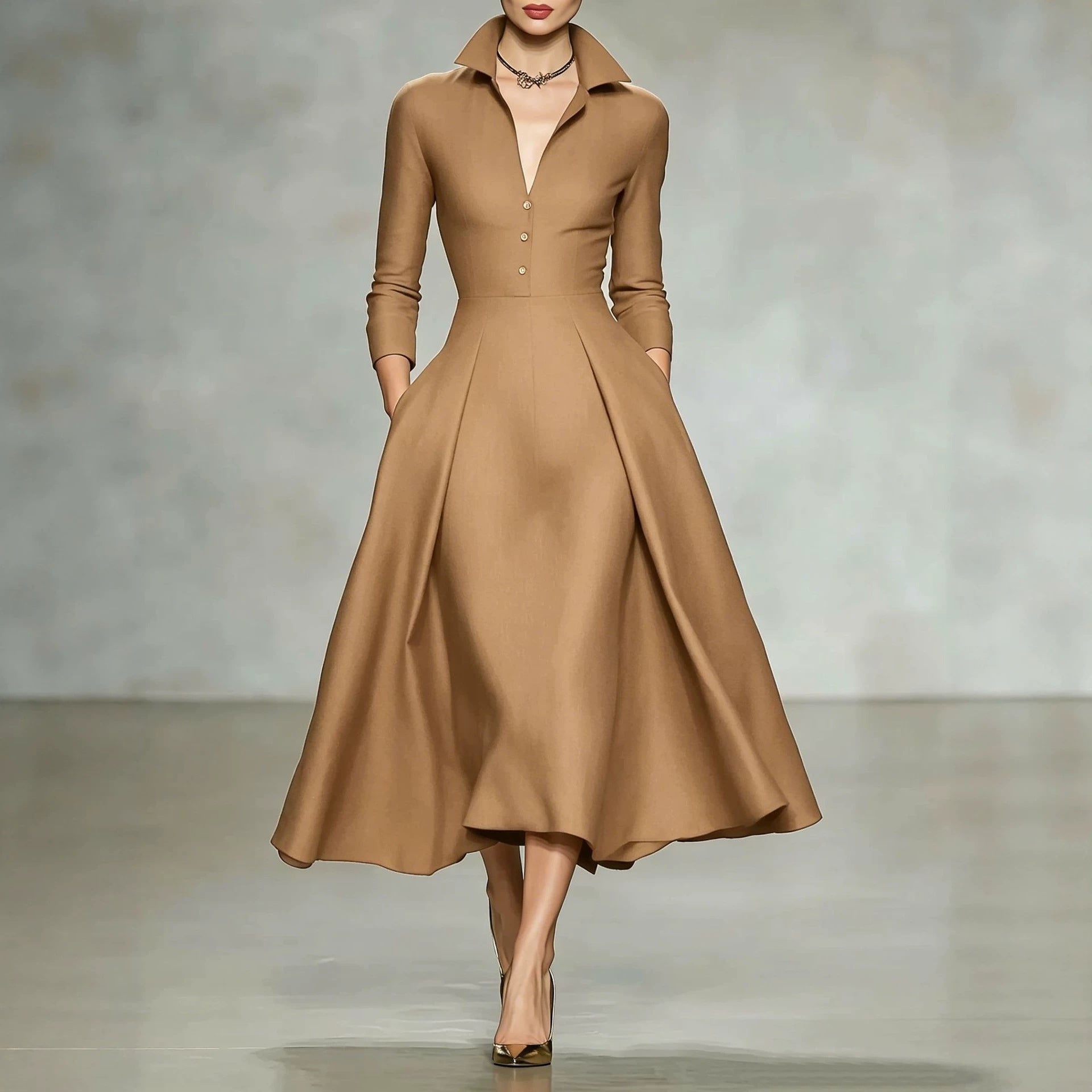 V-neck waist cinched long sleeved dress 