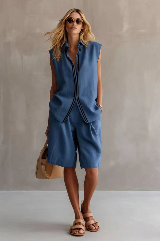 Single-breasted Sleeveless Linen Shirt And Shorts Set 