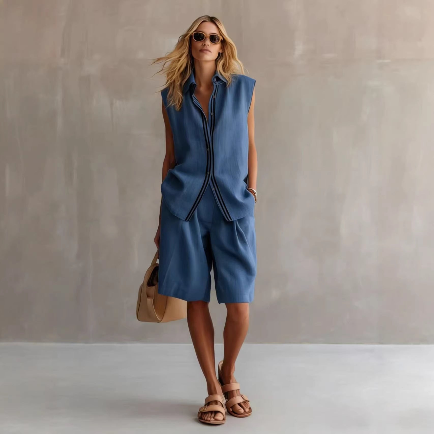 Single-breasted Sleeveless Linen Shirt And Shorts Set 