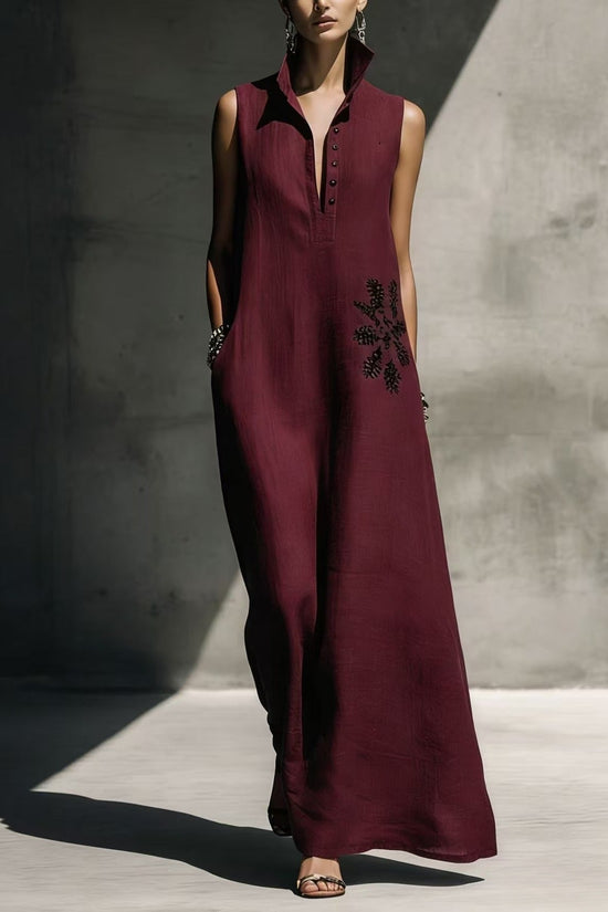 Heat-transfer Graphic Pocket Casual Mandarin-collar Cotton-linen Dress 